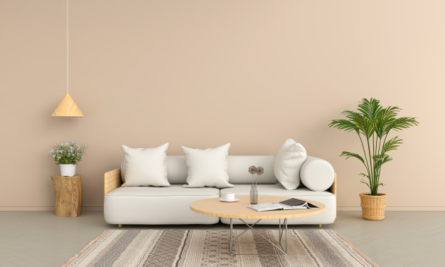 Sofá branco em um ambiente com um estilo contemporâneo com vaso de planta e um abajour.