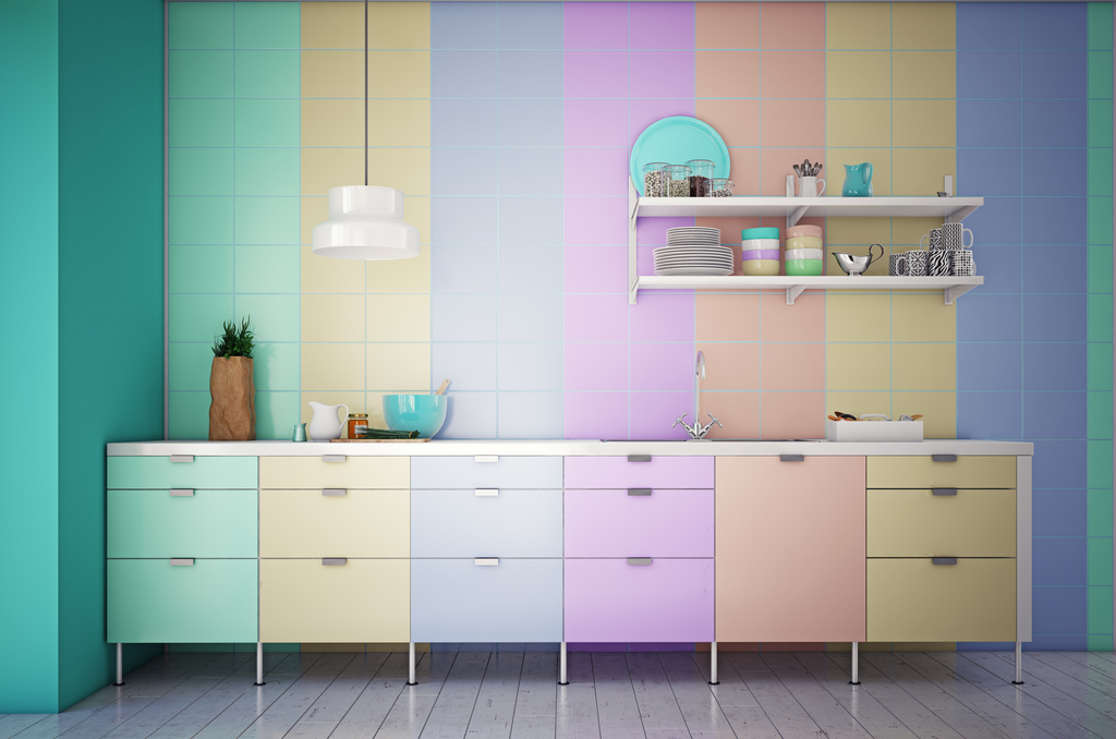 Cozinha decorada em tonalidades pastéis ou candy colors.