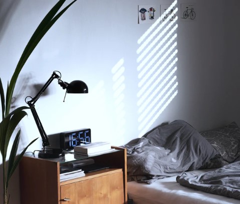 Imagem de um quarto de solteiro, com peças em madeira, plantas, e luz clara. 